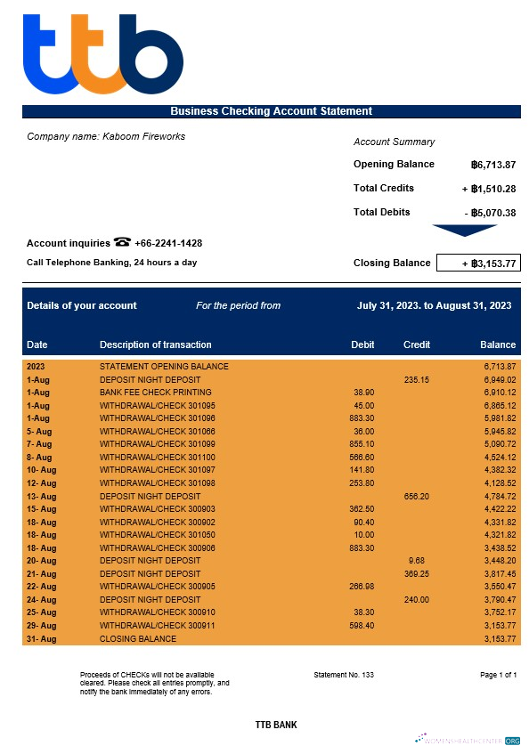 Download TTB Bank corporate checking account statement Word and PDF template Photoshop template